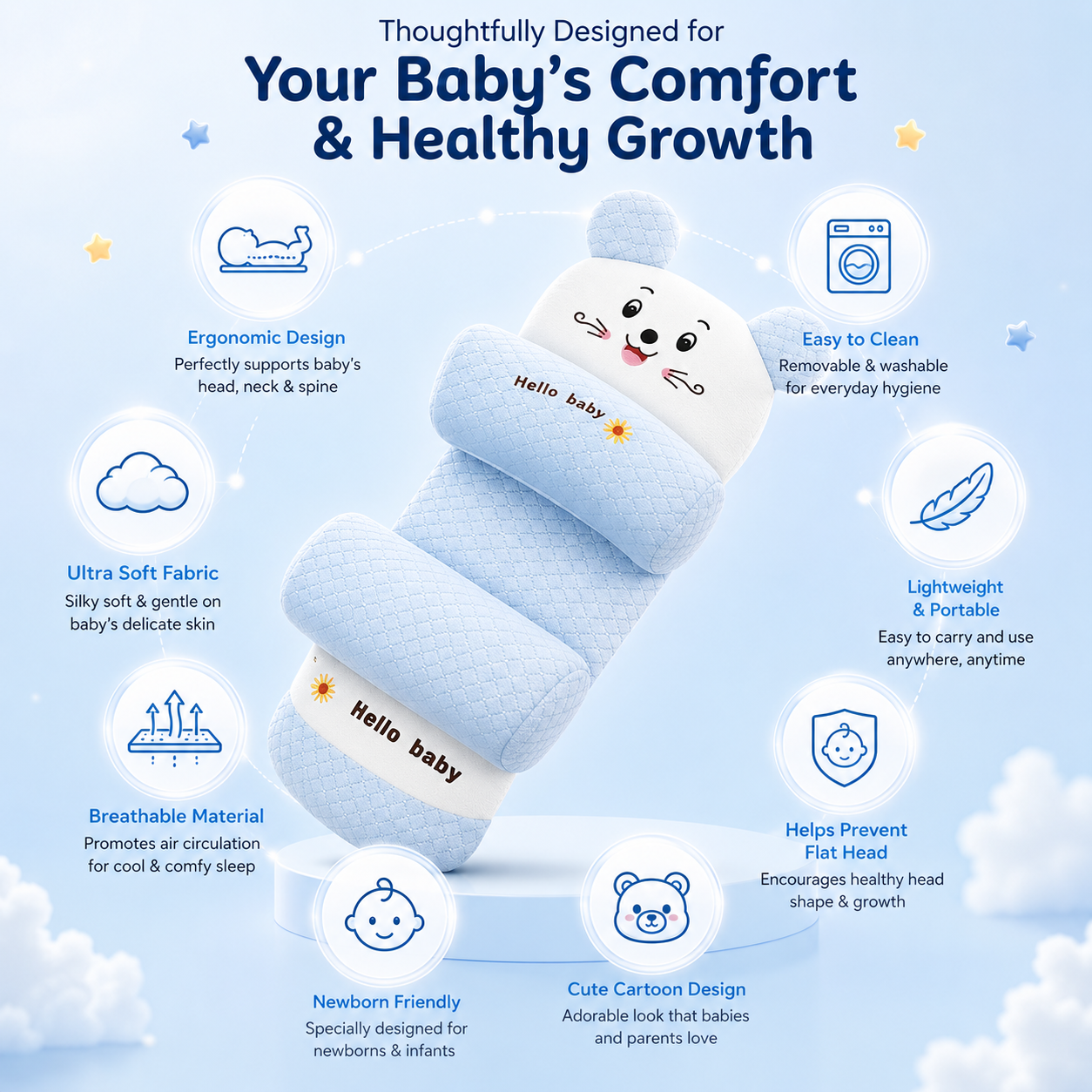 Baby Head Shaping Sleep Pillow | Newborn Anti-Flat Head Support Cushion