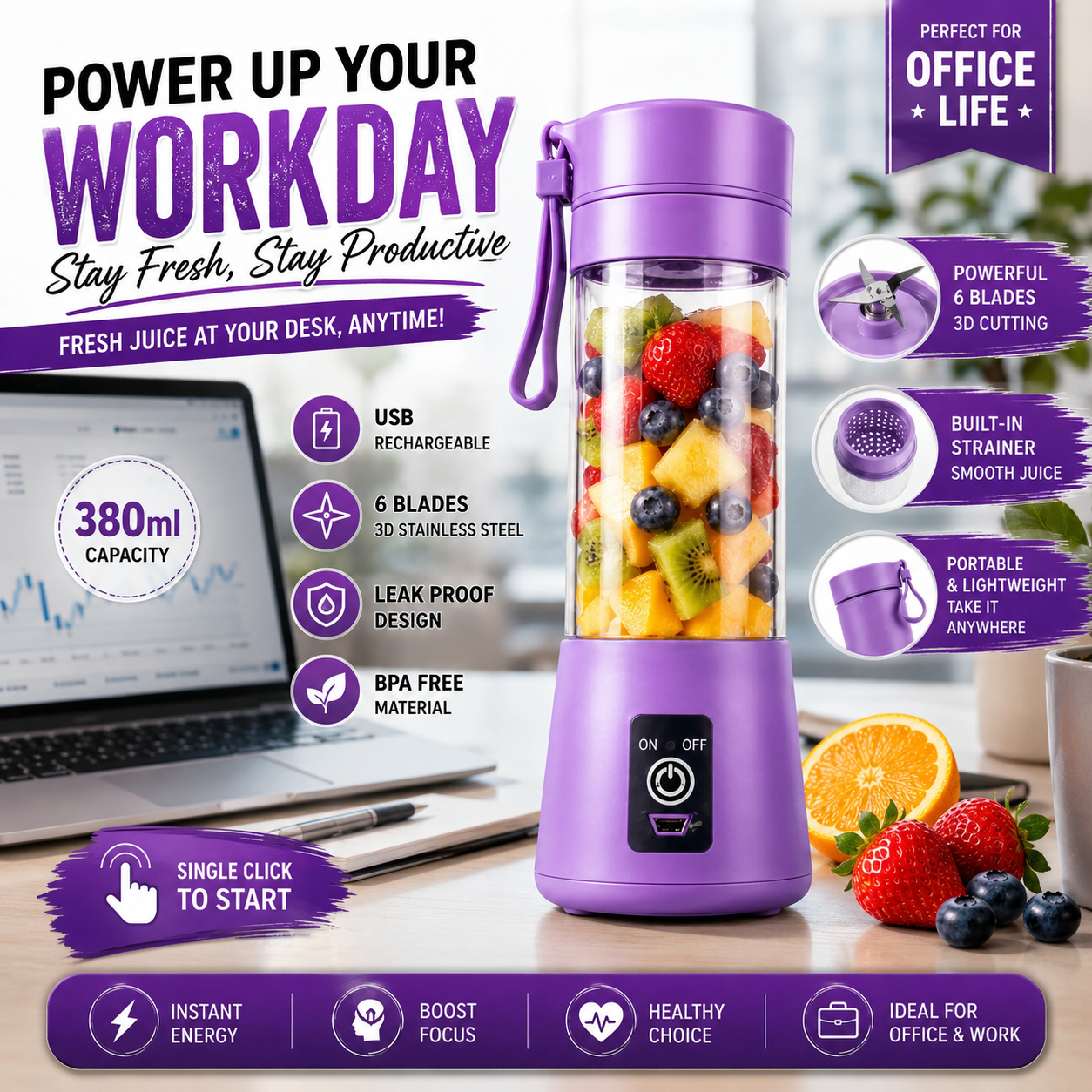 Portable USB Rechargeable Mini Blender Bottle